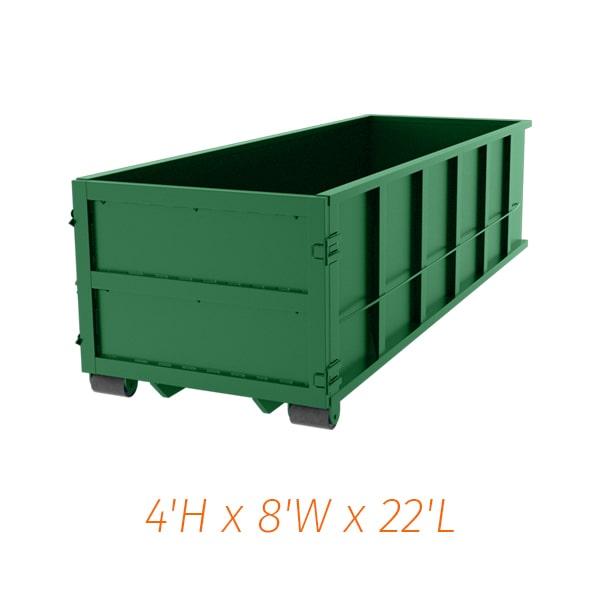 the twenty yard dumpsters can be used for a variety of materials including construction debris, household junk, and yard waste